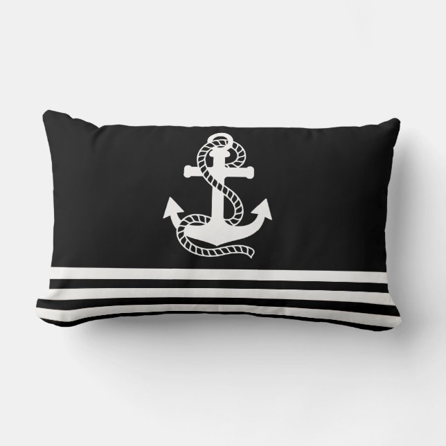 Nautical Black White Stripes en Black Anchor Kussen (Voorkant)