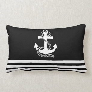 Nautical Black White Stripes en Black Anchor Kussen