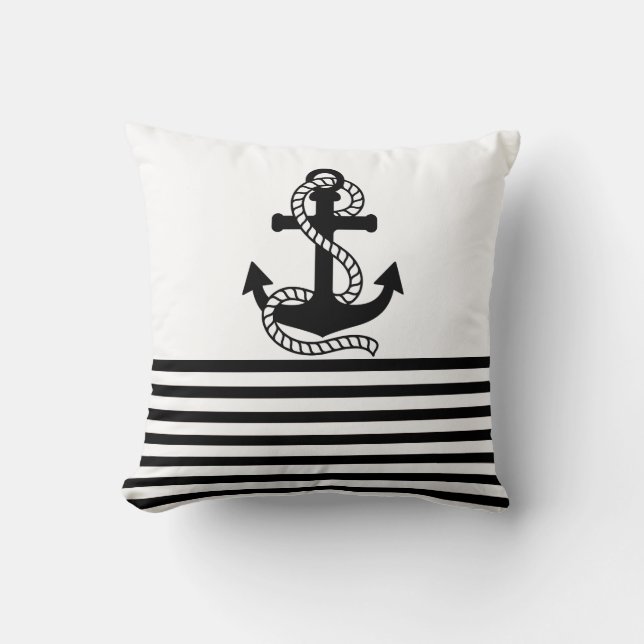 Nautical Black White Stripes en Black Anchor Kussen (Voorkant)