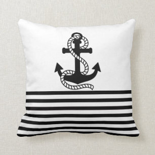 Nautical Black White Stripes en Black Anchor Kussen