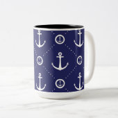 Nautical Blauw en Wit Ankerpatroon Mok (Voorkant rechts)