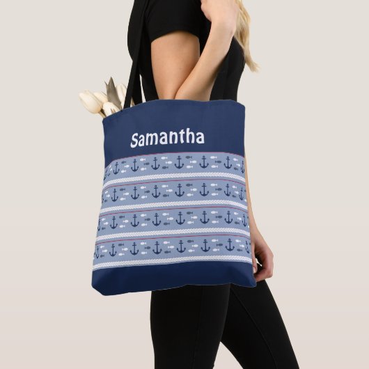 Nautical Blauw Witte Rode Anker Monogram Tas (Dichtbij)