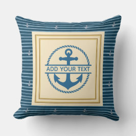 Nautical Blauw Witte Strepen - Bootnaam Anker Kussen
