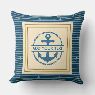 Nautical Blauw Witte Strepen - Bootnaam Anker Kussen