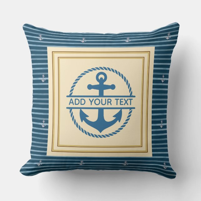 Nautical Blauw Witte Strepen - Bootnaam Anker Kussen (Voorkant)