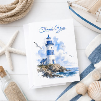 Nautical Blauw Witte Vuurtoren Bedankkaart
