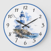 Nautical Blauw Witte Vuurtoren Grote Klok (Voorkant)