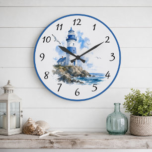 Nautical Blauw Witte Vuurtoren Grote Klok