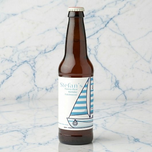 Nautical Blauw Zeilboot Verjaardag Bier Etiket