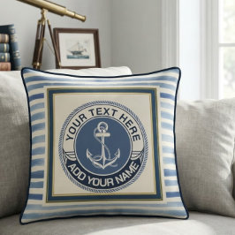 Nautical Blauwe Strepen Anker Aangepast Monogram Kussen