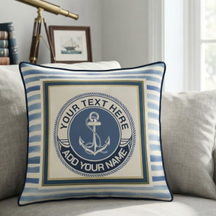Nautical Blauwe Strepen Anker Aangepast Monogram Kussen