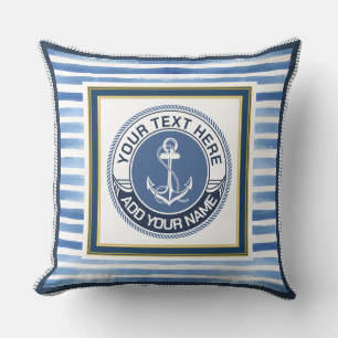 Nautical Blauwe Strepen Anker Aangepast Monogram Kussen