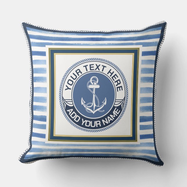 Nautical Blauwe Strepen Anker Aangepast Monogram Kussen (Voorkant)