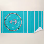 Nautical Blauwgroen Blue Boat Name Anchor Rope Str Strandlaken (Voorkant)