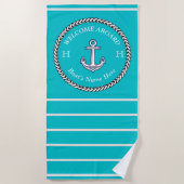 Nautical Blauwgroen Blue Boat Name Anchor Rope Str Strandlaken (Voorkant)