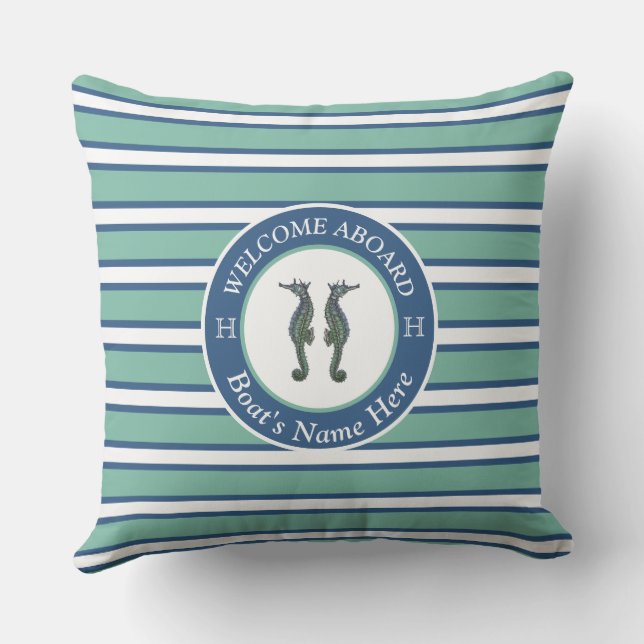 Nautical Blauwgroen Blue en White Striped Seahorse Buitenkussen (Achterkant)
