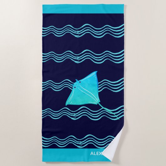 Nautical Blauwgroen Blue Navy Manta Ray Wave Strandlaken (Voorkant)