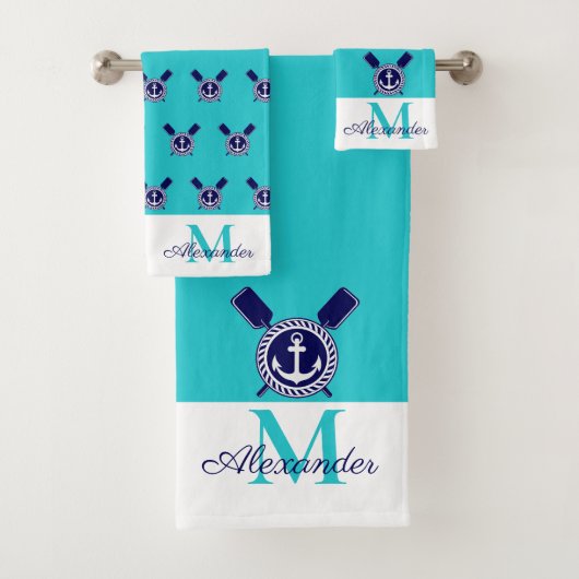Nautical Blauwgroen Navy Blue Anchor en Paddles Bad Handdoek (Insitu)