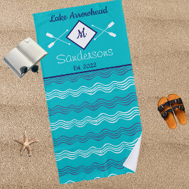 Nautical Blauwgroen Navy Blue White Monogram Lake  Strandlaken