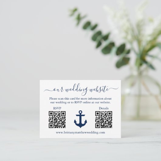 Nautical Blue Anchor 2 QR RSVP Details Weddenschap Informatiekaartje (Staand voorkant)