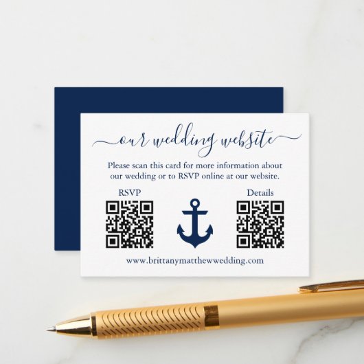 Nautical Blue Anchor 2 QR RSVP Details Weddenschap Informatiekaartje (Voorkant / Achterkant in situ)
