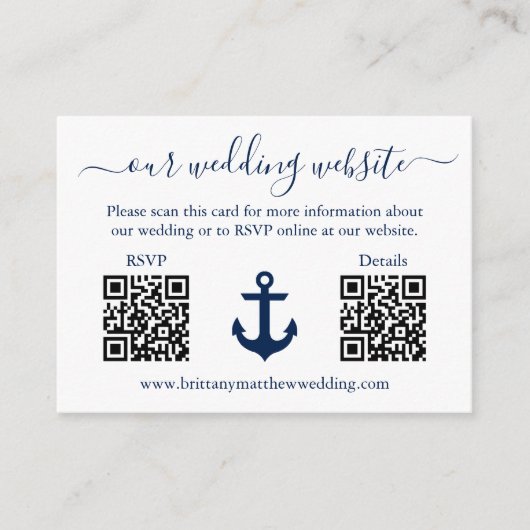 Nautical Blue Anchor 2 QR RSVP Details Weddenschap Informatiekaartje (Voorkant)
