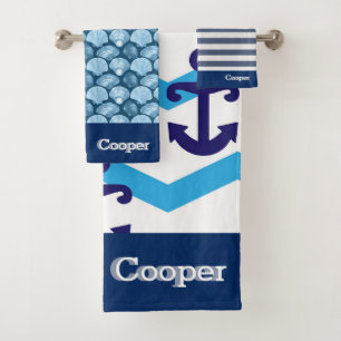 Nautical Blue Anchor Bathroom Ocean Custom Name Bad Handdoek