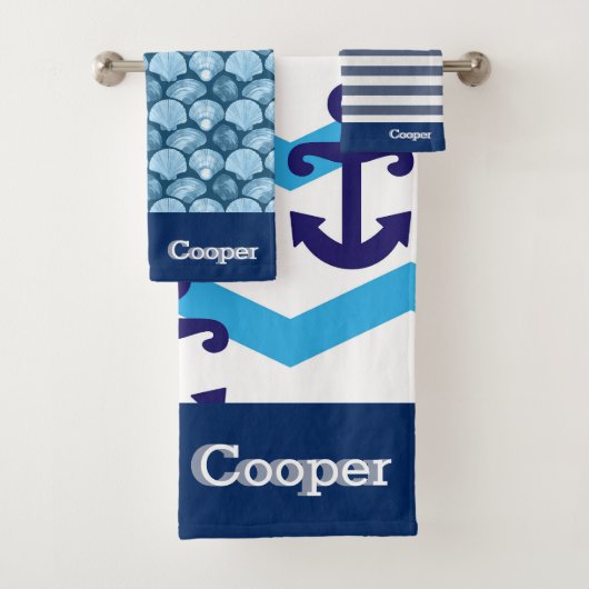 Nautical Blue Anchor Bathroom Ocean Custom Name Bad Handdoek (Insitu)