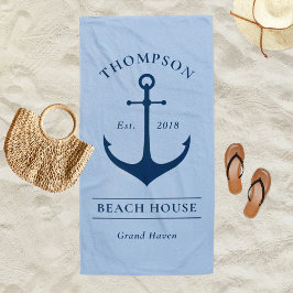 Nautical Blue Anchor Beach House Monogramm Strandlaken