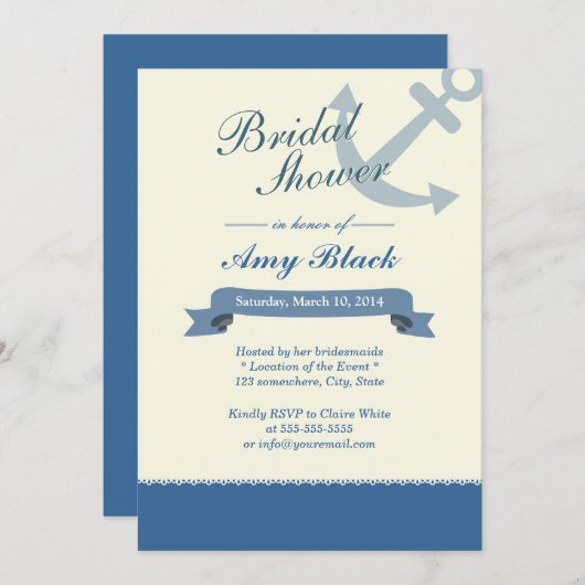 Nautical Blue Anchor Bridal Shower Invitations Kaart (Voorkant / Achterkant)
