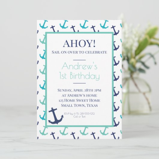 Nautical Blue Anchor Invitation (Staand voorkant)