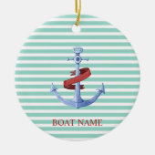 Nautical, Blue Anchor, Mint Green Stripes Keramisch Ornament (Voorkant)