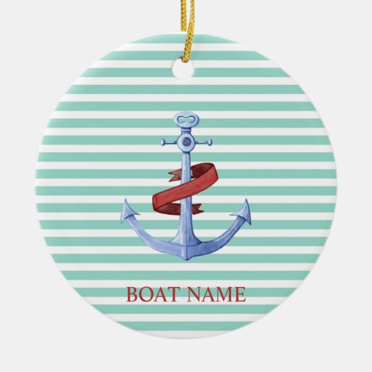 Nautical, Blue Anchor, Mint Green Stripes Keramisch Ornament (Voorkant)
