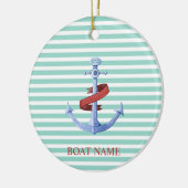 Nautical, Blue Anchor, Mint Green Stripes Keramisch Ornament (Links)