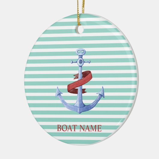 Nautical, Blue Anchor, Mint Green Stripes Keramisch Ornament (Links)