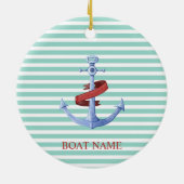 Nautical, Blue Anchor, Mint Green Stripes Keramisch Ornament (Achterkant)