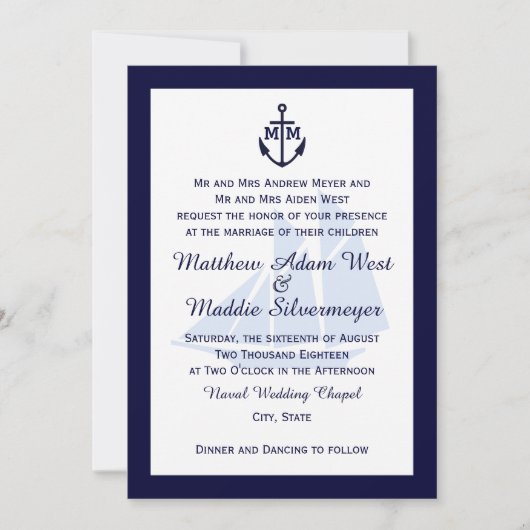 Nautical Blue Anchor Monogram Wedding Invitations Kaart (Voorkant)