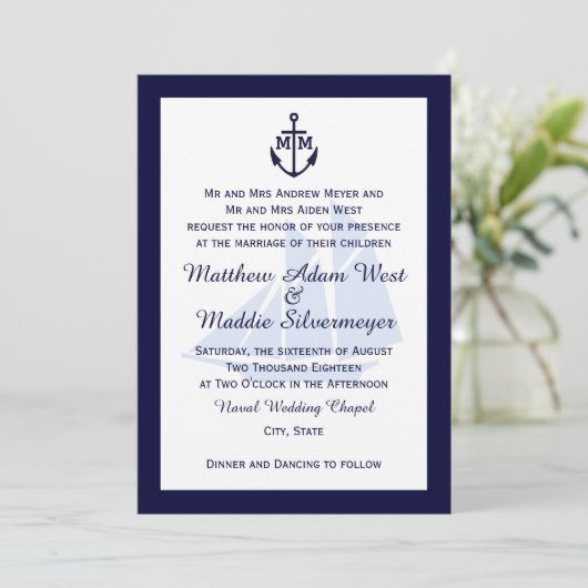 Nautical Blue Anchor Monogram Wedding Invitations Kaart (Staand voorkant)