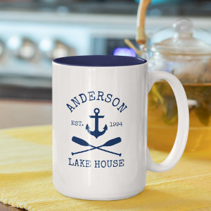 Nautical Blue Anchor Oars Name Lake House Tweekleurige Koffiemok