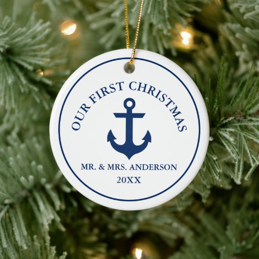 Nautical Blue Anchor Ons eerste kerstfeest Keramisch Ornament (Boom)