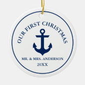 Nautical Blue Anchor Ons eerste kerstfeest Keramisch Ornament (Voorkant)