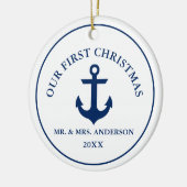Nautical Blue Anchor Ons eerste kerstfeest Keramisch Ornament (Links)