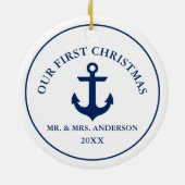 Nautical Blue Anchor Ons eerste kerstfeest Keramisch Ornament (Achterkant)