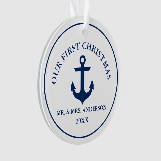 Nautical Blue Anchor Ons eerste kerstfeest Ornament (voorkant)