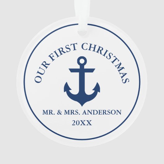 Nautical Blue Anchor Ons eerste kerstfeest Ornament (achterkant)