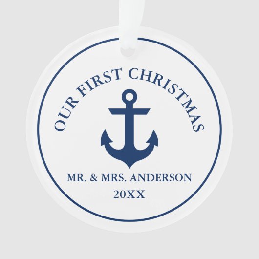 Nautical Blue Anchor Ons eerste kerstfeest Ornament (voorkant)