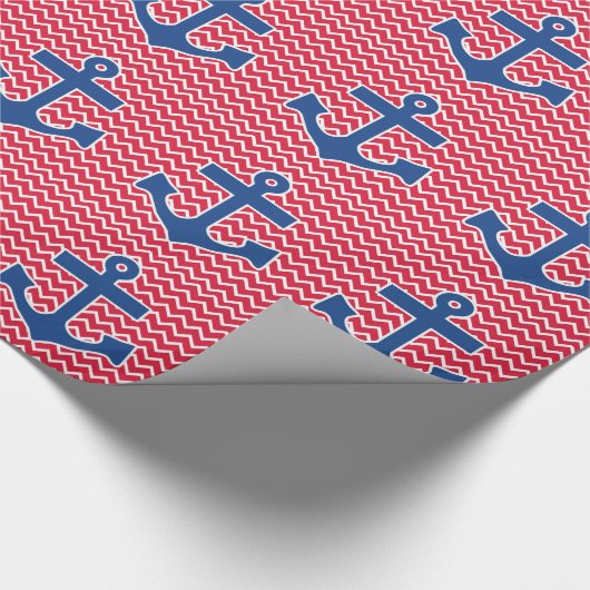 Nautical Blue Anchor op Red Chevron Achtergrond Cadeaupapier (Hoek)