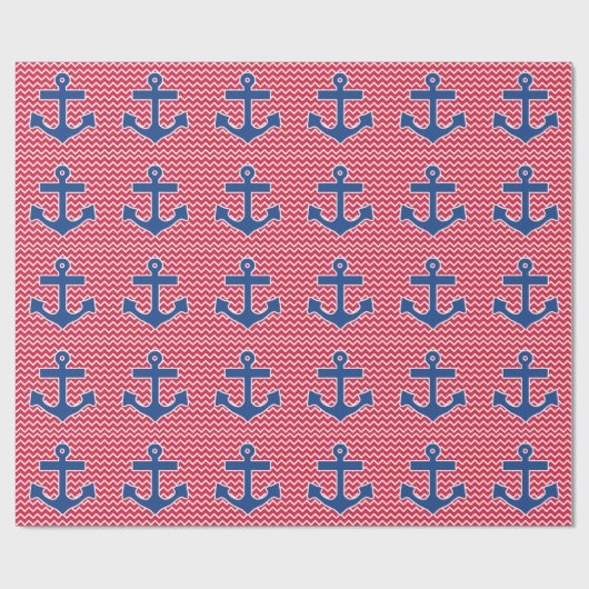 Nautical Blue Anchor op Red Chevron Achtergrond Cadeaupapier (Vlak)