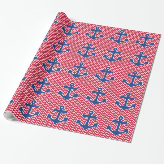 Nautical Blue Anchor op Red Chevron Achtergrond Cadeaupapier (Uitgerold)