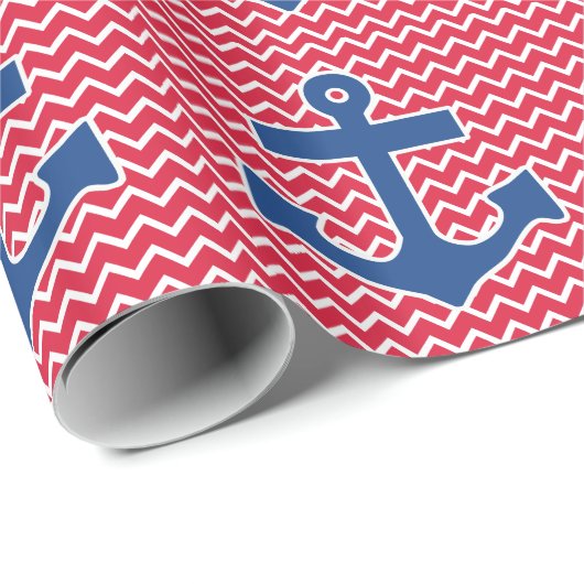 Nautical Blue Anchor op Red Chevron Achtergrond Cadeaupapier (Rol Hoek)